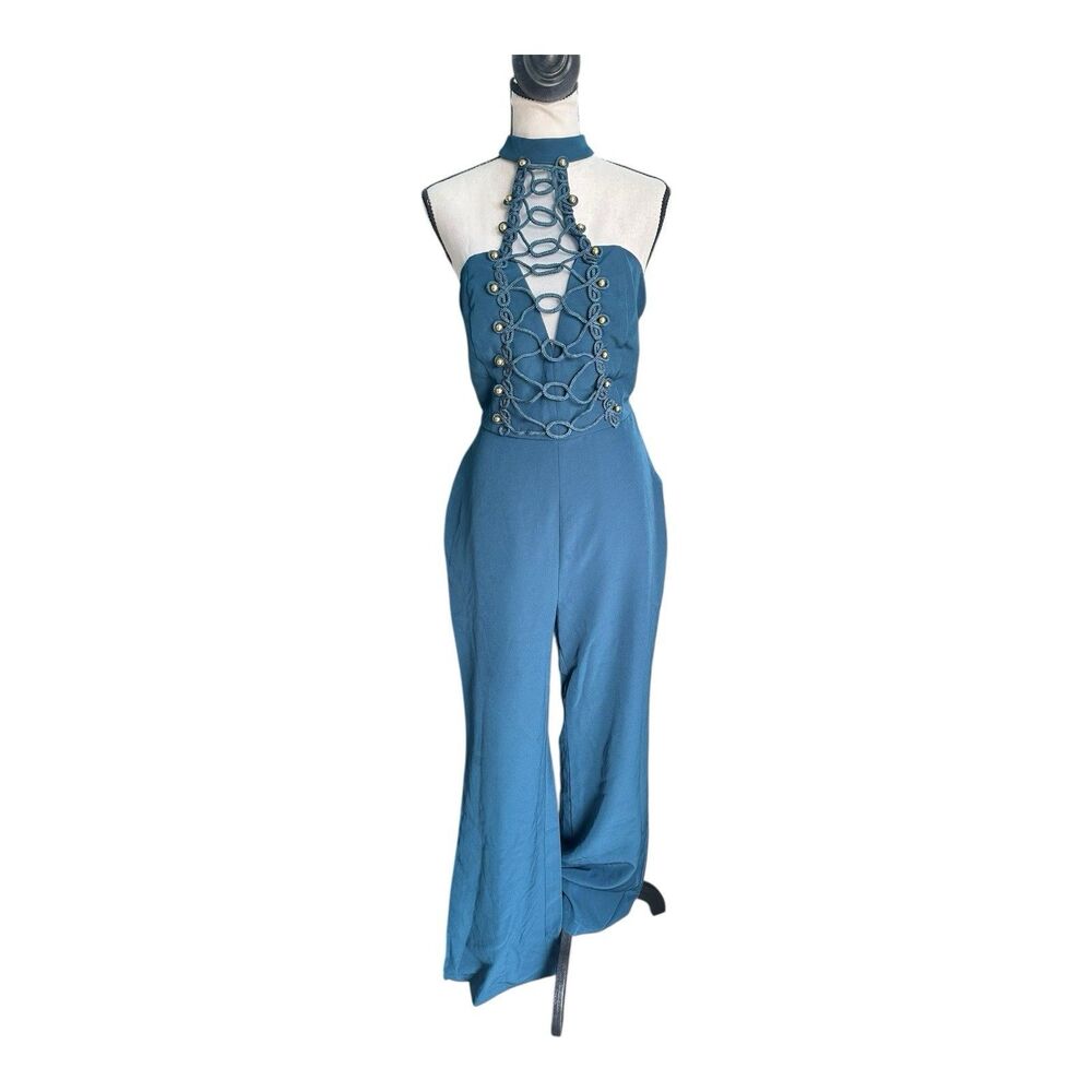 L’Atiste by Amy Macramé Lace-Up Jumpsuit Teal Halter Wide Leg Size L NWT